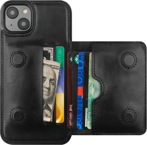 Vista 8 de KIHUWEY Funda compatible con iPhone 14 Plus con tarjetero de cuero de primera calidad, cierre magnético oculto, duradero, a prueba de golpes