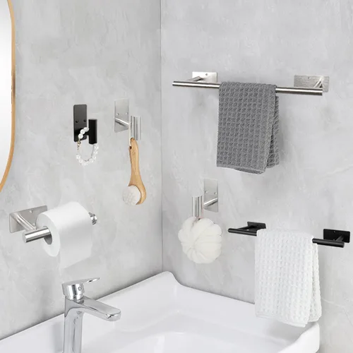 Vista 8 de Juego de 5 piezas de accesorios de baño autoadhesivos, juego de toalleros de acero inoxidable que incluye barra de toalla de baño de 16 pulgadas
