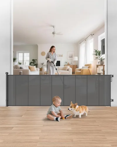 Vista 13 de Puerta retráctil para bebé, puerta de malla para bebés de 55 pulgadas de ancho con 4 varillas reforzadas, puerta antiflacidez de 34 pulgadas de Negro