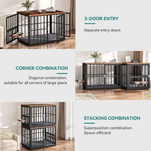 Vista 2 de Mueble de jaula para perros grandes de 88.6 pulgadas, perrera de madera con cuencos y 3 puertas, mueble de jaula doble soporte para TV para perros