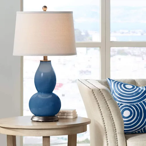 Vista 16 de Color + Plus Double Gourd 28 3/4" Tall Modern End Table Lamp Placid Blue Bronze Finish Glass Single Fabric Off-White Shade Living Room Bedroom
