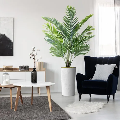 Vista 18 de Árbol artificial en macetero con efecto de mármol blanco, Ficus Lyrata falso de seda para decoración del hogar en interiores y exteriores, altura