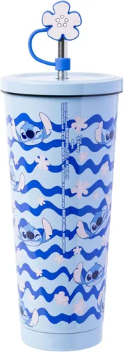 Vista 2 de Silver Buffalo Disney Lilo and Stitch - Vaso de acero inoxidable con tapa y tapa para pajita, 24 onzas