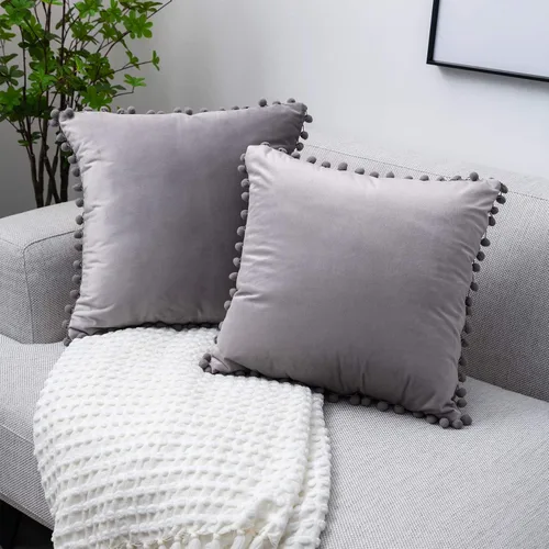 Vista 17 de Juego de 2 fundas para cojines decorativos de terciopelo sólido suave con borde de pompones