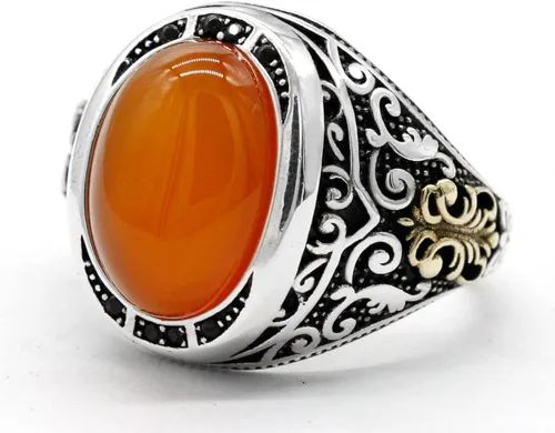 Vista 2 de Orange Agate Stone 925 Sterling Silver Men's Ring Arab Design Men's Ring Gift For Others