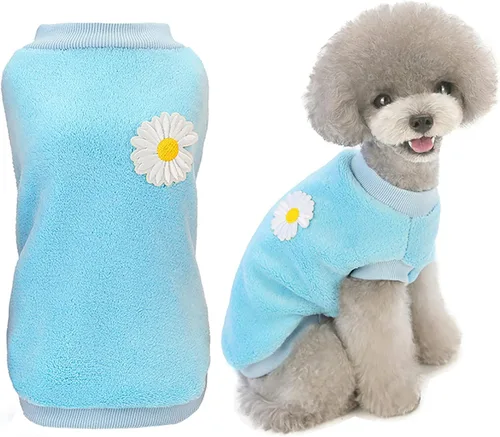 Suéter para perro, forro polar de lana para invierno, cálido, pijama de flores para perros pequeños, medianos, gatos, azul claro, S