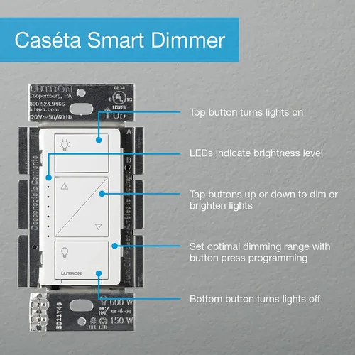Vista 12 de Lutron Caseta - Interruptor de atenuación inteligente original con placa de pared (requiere Lutron Smart Hub), para luces LED, 150 vatios, un solo