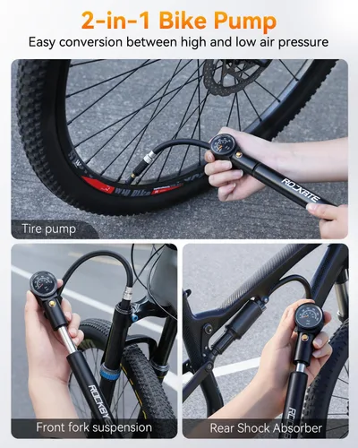 Vista 3 de Onvian Bomba de bicicleta portátil con manómetro, bomba de neumáticos de bicicleta de alta presión de 300 PSI y bomba de choque, mini bomba de mano