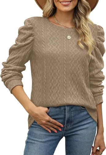 Vista 2 de XIEERDUO Sudaderas para mujer, cuello redondo, manga abombada, suéteres sueltos, ropa moderna y fluida