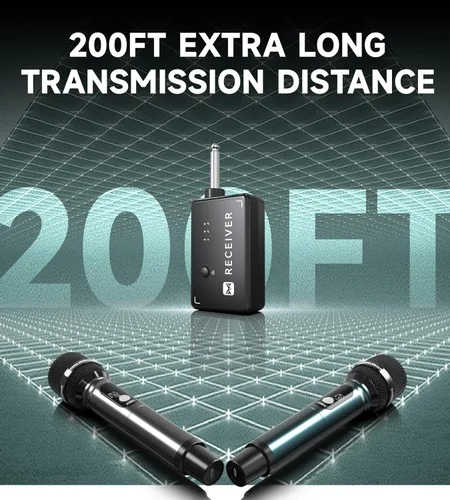 Vista 4 de Micrófonos inalámbricos, micrófono inalámbrico dual profesional con rango efectivo de 240 pies, tasa de transmisión de 3 ms, cabezal de micrófono