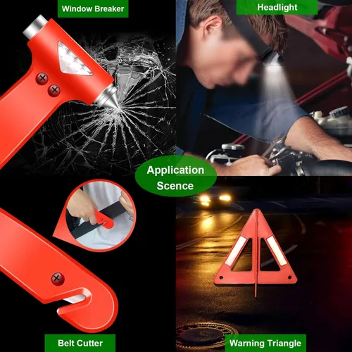 Vista 5 de HolaKit Kit de emergencia para automóvil, kit de carretera de 55 piezas con cables de puente, kit de primeros auxilios, martillo de seguridad