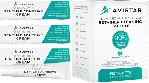 Avistar Crema adhesiva extra fuerte para dentaduras postizas (paquete de 3, 4.2 onzas líquidas) y pastillas de limpieza retenedoras (sabor a menta