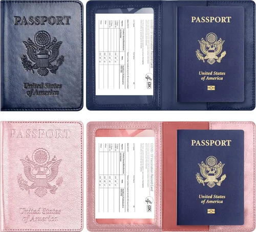 Vista 2 de Paquete de 2 soportes para pasaporte y tarjeta de vacuna, soporte para pasaporte con ranura para tarjeta de vacuna, cartera para pasaporte, funda