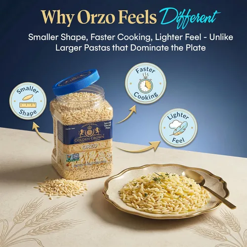 Vista 8 de Golden Crown Orzo Pasta – Sin OMG y vegana – Pasta natural en forma de arroz en corte de bronce – Hecho con 100% trigo integral – Perfecto
