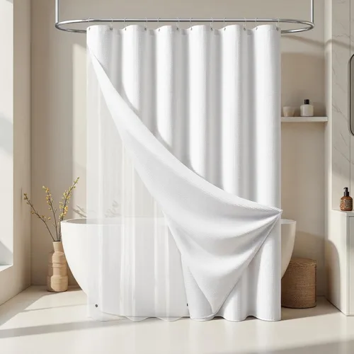 Vista 46 de Cortina de ducha de tela Dynamene verde oscuro - Cortinas de baño de tela de nido de abeja texturizadas resistentes, juego de cortinas de baño