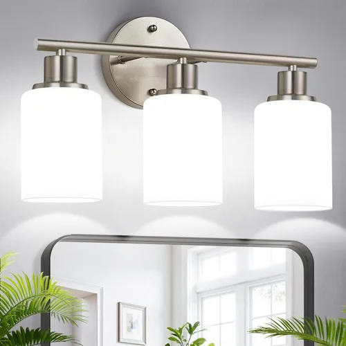 Vista 11 de 3 lámparas de baño doradas, lámpara de tocador de baño moderna con pantalla de vidrio transparente, luces de pared de baño de oro cepillado, lámpara