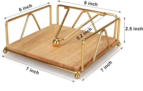 Vista 4 de Servilletero dorado moderno para mesa con brazo pesado, servilletero plano de metal cuadrado para servilletas de granja, bandeja rústica