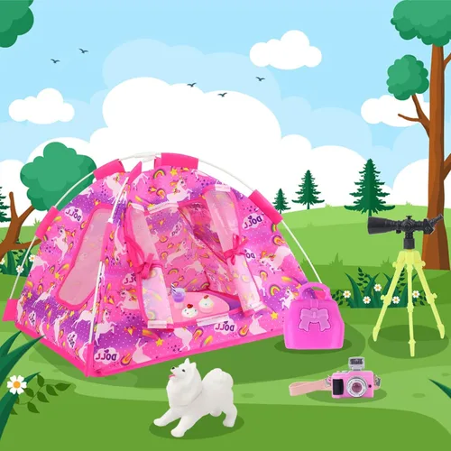Vista 5 de Ecore Fun Juego de 15 piezas de accesorios para muñecas de 11.5 pulgadas, incluye tienda, ropa, silla, cámara, bebida, cupcake, dona, telescopio