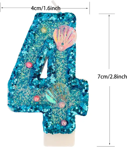 Vista 3 de Vela de número azul, velas de número con lentejuelas en forma de concha para pasteles de cumpleaños, suministros para fiestas con temática