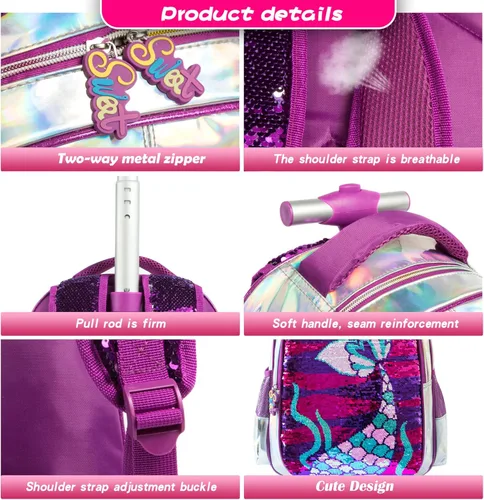 Vista 6 de MOHCO Rolling Backpack 18 inch for Kids Wheeled Backpack for Girls with Lunch Bag Pencil Case