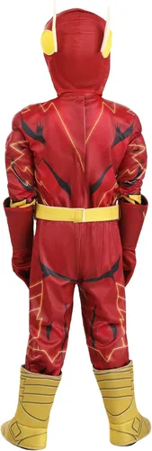 Vista 5 de Disfraz flash de lujo para niños pequeños, traje de superhéroe rojo para cosplay de cómics, fiestas de disfraces de héroes y Halloween