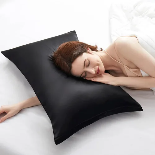 Vista 3 de Fundas de almohada de satén con cremallera (20 x 26), juego de 2 fundas de almohada de tamaño estándar, funda de almohada de seda negra para cabello