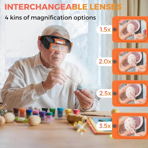 Vista 3 de Lupa de diadema con luz, gafas de aumento recargables para trabajo de cerca, diadema de aumento de 1.5X - 3.5X con 4 lentes, visor de lupa