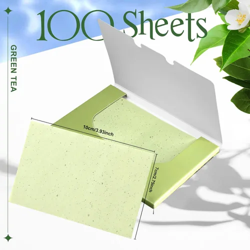 Vista 2 de Teenitor Hojas de secado de aceite para cara, 100 hojas de papel de papel de tejido absorbente de aceite de té verde, grandes secantes de aceite