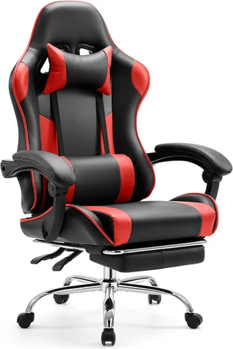 Vista 9 de Sweetcrispy Silla de escritorio para videojuegos, ergonómica para computadora con reposapiés y cómodo soporte lumbar, reclinable de piel sintética