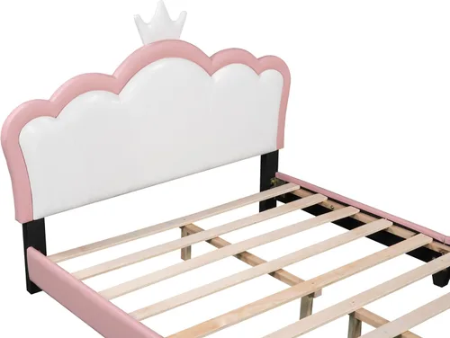 Vista 15 de Elegante cama de princesa tapizada de tamaño individual con cabecera corona, plataforma de piel sintética con soporte resistente de listones
