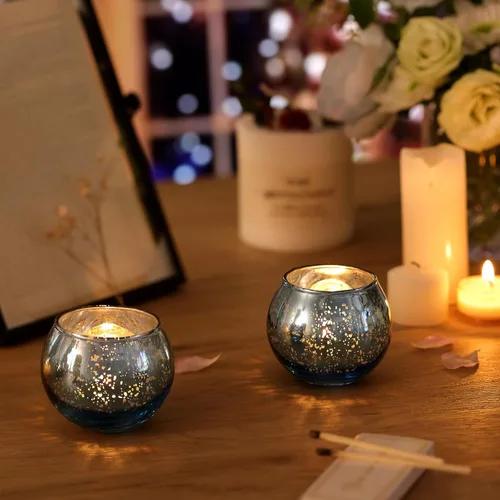 Vista 5 de Volens - Portavelas votivas redondas azules, juego de 12, decoraciones de mesa para centro de mesa de boda azul, portavelas de vidrio de mercurio