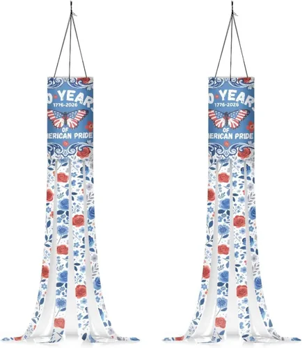 Jeiento 250 Years of American Pride Windsock Flag 2 Pack,40Inch Independence Day Windsock Flag Holiday Party Decoration Hanging Wind Socks for