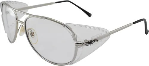 Global Vision Gafas de seguridad de aviador transparente UV400 con lente de policarbonato brillante, marco de metal plateado con protectores