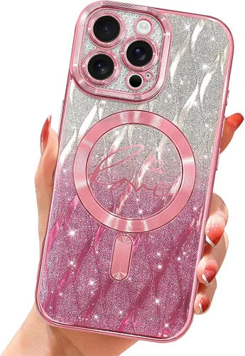 Vista 50 de Funda magnética transparente con purpurina para iPhone 14, compatible con Magsafe, diseño de corazón de amor, chapado de lujo, protector completo