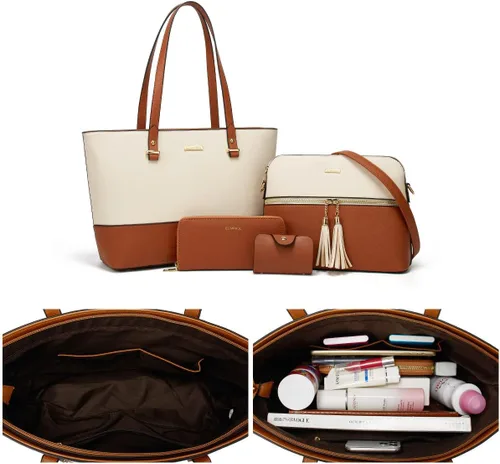 Vista 5 de Juego de 4 piezas bolsa grande con asa superior, bolsa de hombro, bolsa de mano y cartera de estilo moderno para mujer