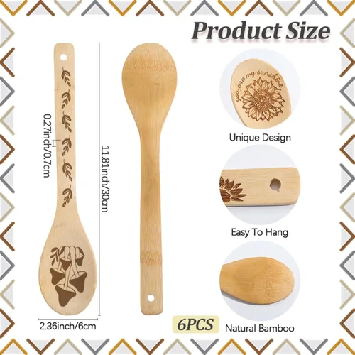Vista 2 de CRASPIRE Juego de 6 cucharas de madera para cocinar con hongos, juego de utensilios de cocina de primavera, vajilla de cocina de bambú natural