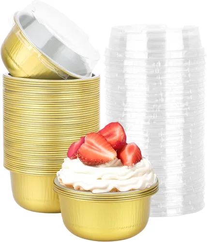 Vista 50 de Beasea Tazas de Ramekin de Aluminio con Tapa, 50 Unidades 6.1oz 180ml Mini Ramekins Desechables de Aluminio para Horno, Tazas Redondas para Cupcakes