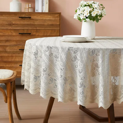 Warm Home Designs Mantel de encaje de lino vintage. Mantel redondo pequeño de 36 pulgadas para 2-4 invitados, mantel redondo dorado para decoración