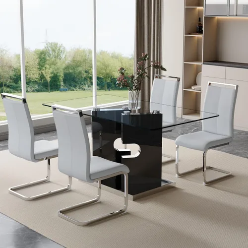 Vista 8 de Juego de mesa de comedor de cristal para 4,5 piezas, tablero de mesa de vidrio templado y base de MDF de diseño moderno con 4 sillas de comedor