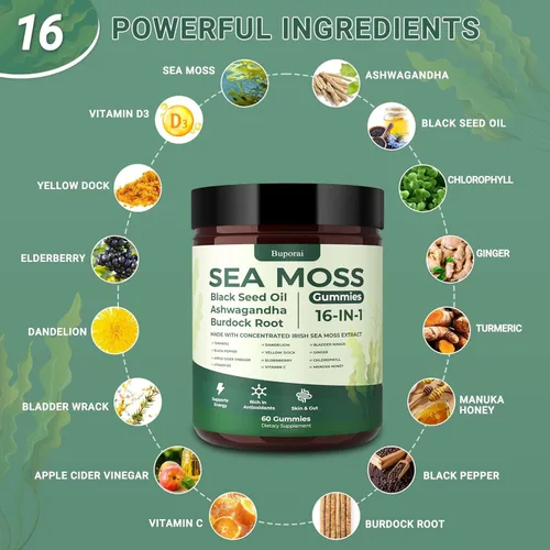 Vista 2 de Gomitas de musgo marino 16-1, aceite de semilla negra, Ashwagandha, cúrcuma, alga vejiga, vitamina C, vitamina D3, saúco, manuka, diente de león