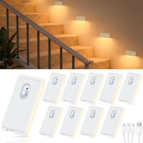 Vista 10 de WILLED Luz nocturna recargable, luces inalámbricas para escaleras para interiores, luz blanca cálida con sensor de movimiento para interiores, se