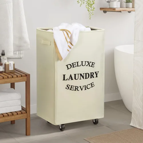 Vista 2 de WOWLIVE Cesta grande de lavandería con ruedas de 90 l plegable, cesta alta de lavandería con asa plegable, cesta rectangular para ropa sucia