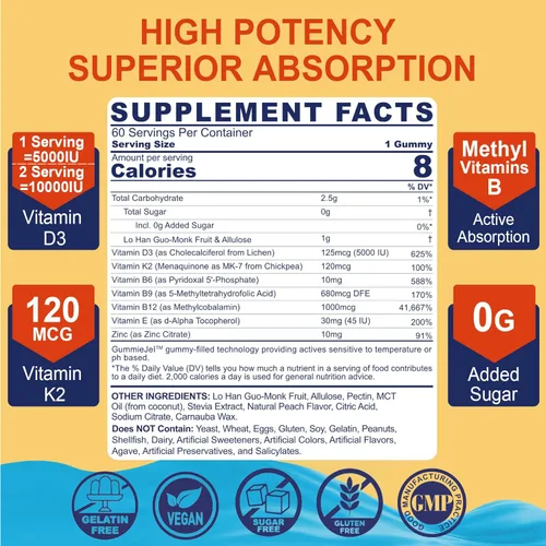 Vista 2 de Vitamina D3 5000IU + K2 (MK-7) 120mcg, sin azúcar, vitamina D3 K2 Gomitas rellenas con complejo de vitamina B - Metil B12, B9, B6 Vitamina E