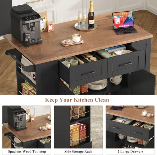 Vista 4 de Keyluv Isla de almacenamiento de cocina con 2 taburetes, carrito de cocina móvil de 51 pulgadas con hoja de caída y toma de corriente, mesa de isla