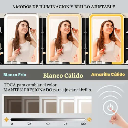 Vista 4 de Escritorio de tocador con espejo con luces LED y toma de corriente, pequeño juego de mesa de tocador de maquillaje con cajones de almacenamiento