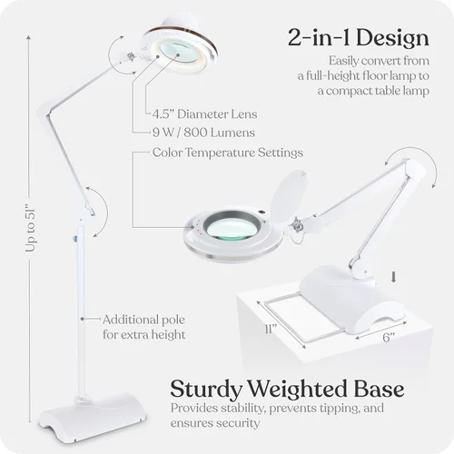 Vista 5 de Brightech LightView Pro - Lámpara de pie y lámpara de mesa con aumento 2 en 1, lupa manos libres con luz LED brillante para lectura, luz de trabajo