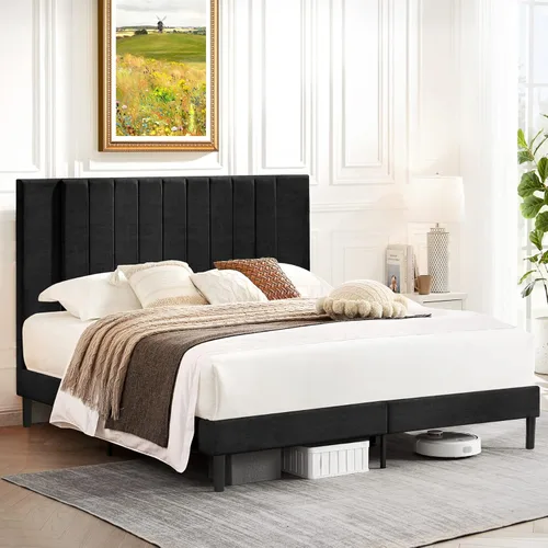 Vista 26 de Flolinda Base de cama tamaño King con cabecera tapizada de terciopelo ajustable y soporte de listones de madera, base de colchón tapizada, no Blanco