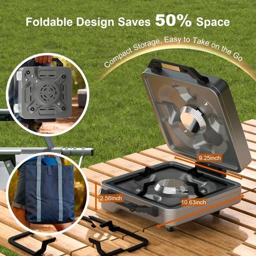 Vista 4 de Estufa de campamento plegable de 2 quemadores de 27000 BTUs con parabrisas, estufa de camping portátil con quemadores ajustables y bolsa