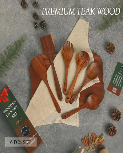 Vista 3 de Juego de utensilios de madera de teca 100% natural, 6 cucharas de cocina duraderas para cocinar, antiadherentes y resistentes al calor, ecológico