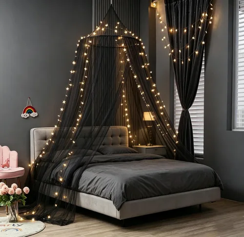 Vista 7 de Mosquitera Toldo de Cama para Niñas, Cortinas de Cama King con Dosel Tamaño Full Queen desde el Techo, Tienda de Cama de Mosquitera de Cúpula Twin